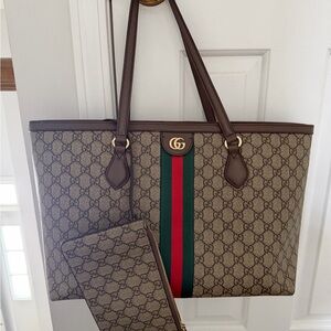 Gucci Brown and Green/red stripe large Tote Bag